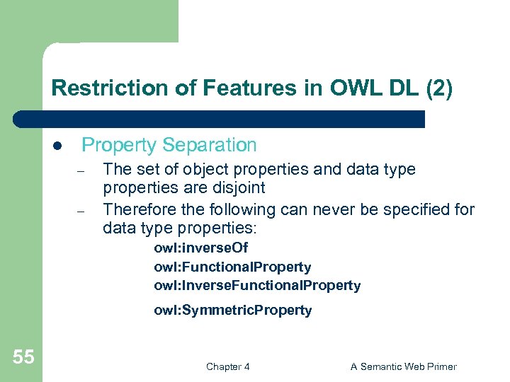 Restriction of Features in OWL DL (2) l Property Separation – – The set