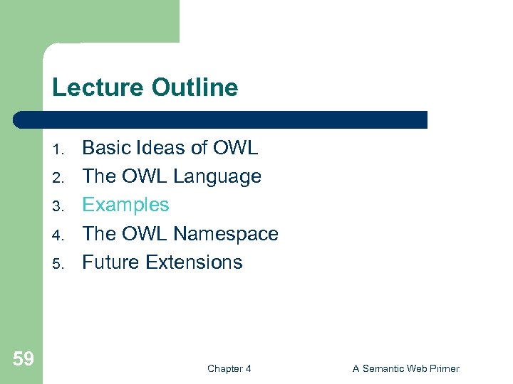 Lecture Outline 1. 2. 3. 4. 5. 59 Basic Ideas of OWL The OWL