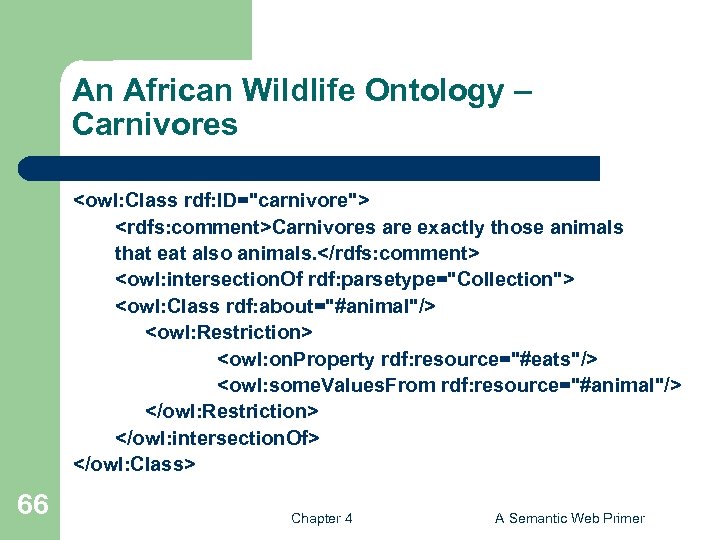 An African Wildlife Ontology – Carnivores <owl: Class rdf: ID="carnivore"> <rdfs: comment>Carnivores are exactly