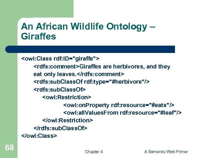 An African Wildlife Ontology – Giraffes <owl: Class rdf: ID="giraffe"> <rdfs: comment>Giraffes are herbivores,