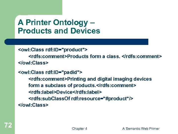 A Printer Ontology – Products and Devices <owl: Class rdf: ID="product"> <rdfs: comment>Products form