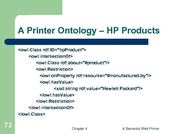 A Printer Ontology – HP Products <owl: Class rdf: ID="hp. Product"> <owl: intersection. Of>