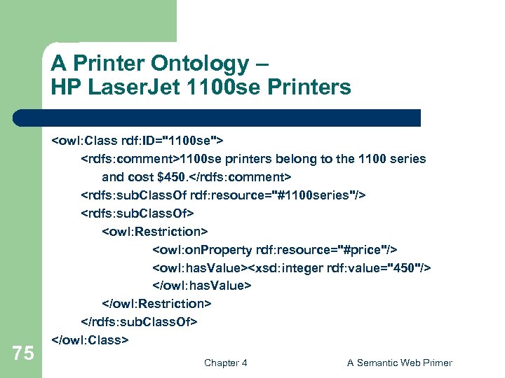 A Printer Ontology – HP Laser. Jet 1100 se Printers 75 <owl: Class rdf: