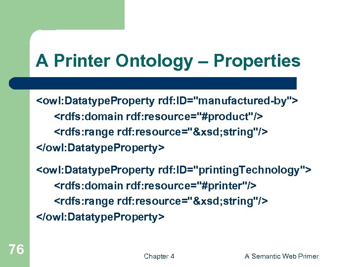 A Printer Ontology – Properties <owl: Datatype. Property rdf: ID="manufactured-by"> <rdfs: domain rdf: resource="#product"/>