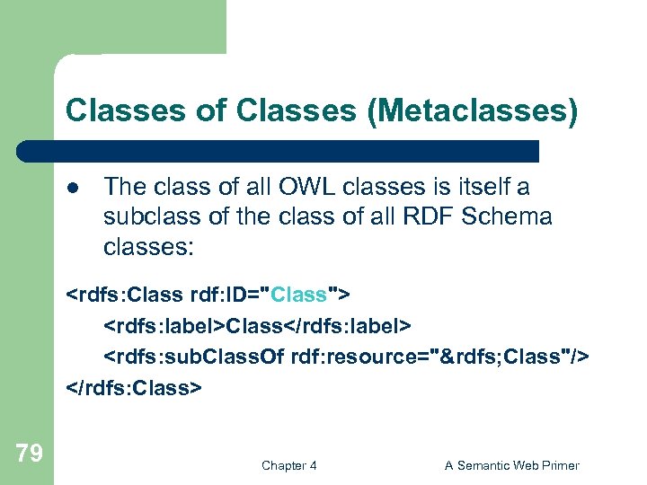 Classes of Classes (Metaclasses) l The class of all OWL classes is itself a