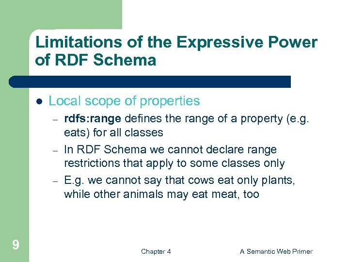 Limitations of the Expressive Power of RDF Schema l Local scope of properties –