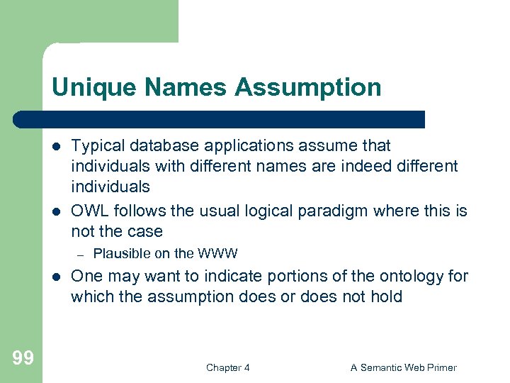 Unique Names Assumption l l Typical database applications assume that individuals with different names