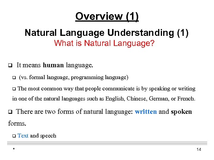 Overview (1) Natural Language Understanding (1) What is Natural Language? It means human language.