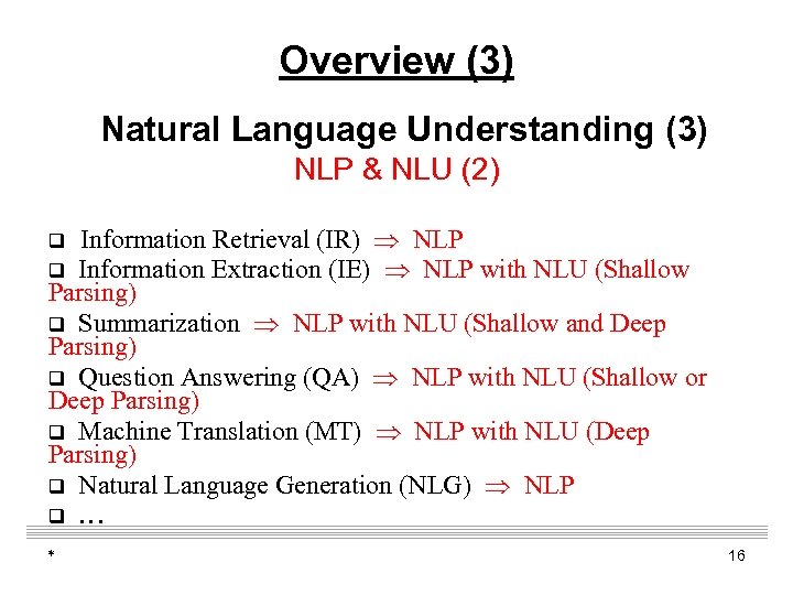 Overview (3) Natural Language Understanding (3) NLP & NLU (2) Information Retrieval (IR) NLP
