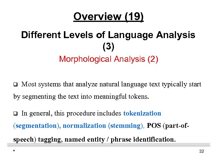 Overview (19) Different Levels of Language Analysis (3) Morphological Analysis (2) q Most systems