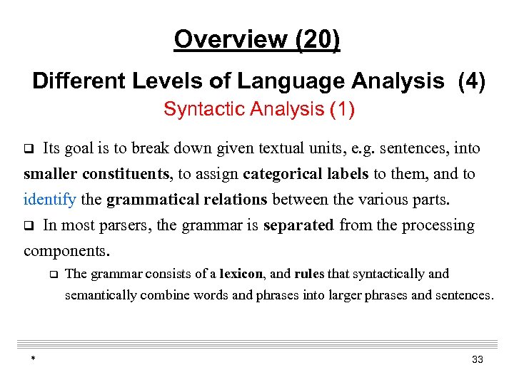 Overview (20) Different Levels of Language Analysis (4) Syntactic Analysis (1) Its goal is