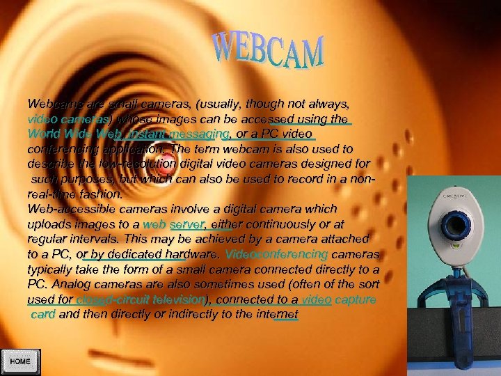 Webcams are small cameras, (usually, though not always, video cameras) whose images can be