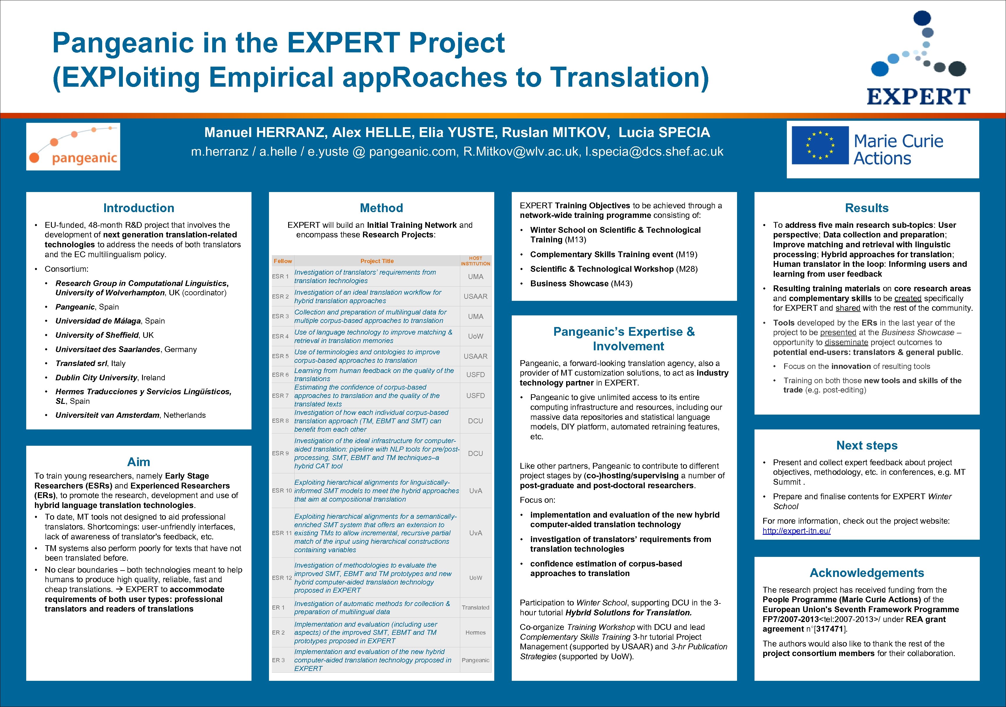  Pangeanic in the EXPERT Project (EXPloiting Empirical app. Roaches to Translation) Manuel HERRANZ,
