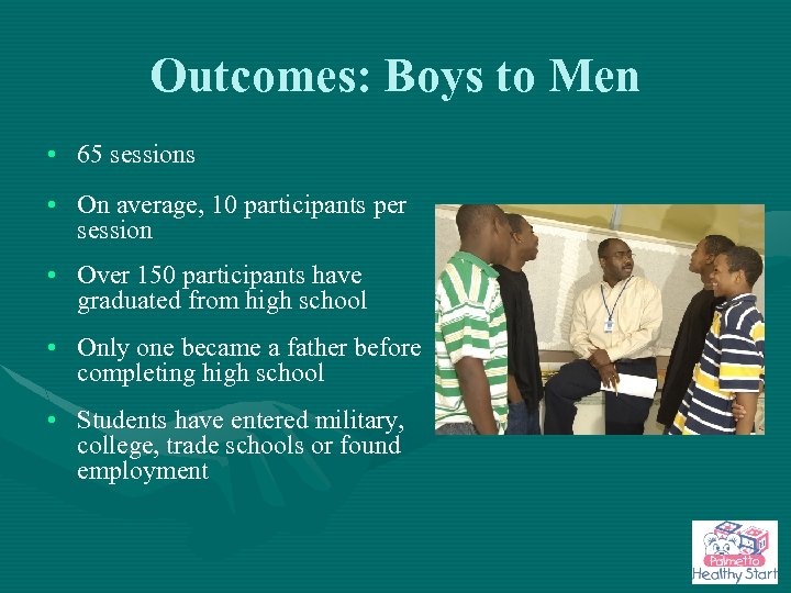 Outcomes: Boys to Men • 65 sessions • On average, 10 participants per session