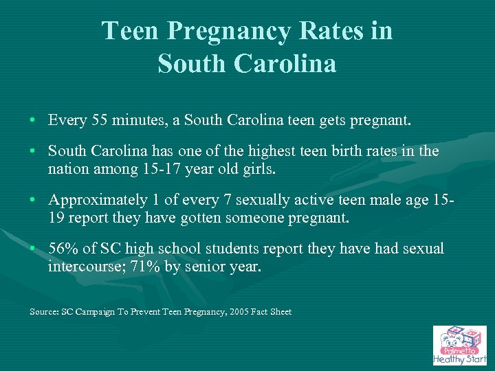 Teen Pregnancy Rates in South Carolina • Every 55 minutes, a South Carolina teen