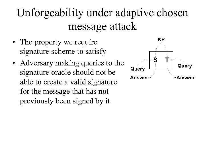 Unforgeability under adaptive chosen message attack • The property we require signature scheme to