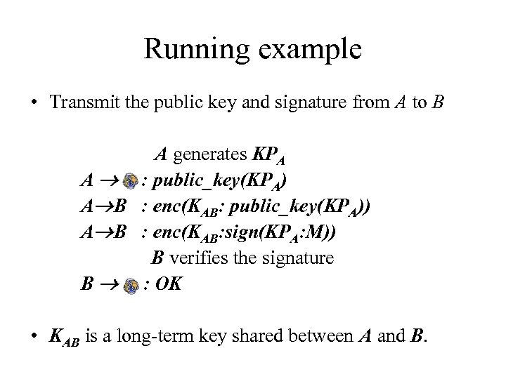 Running example • Transmit the public key and signature from A to B A
