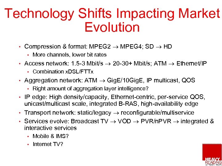 Technology Shifts Impacting Market Evolution • Compression & format: MPEG 2 MPEG 4; SD