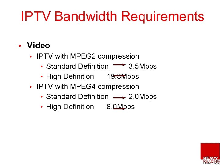 IPTV Bandwidth Requirements • Video IPTV with MPEG 2 compression • Standard Definition 3.