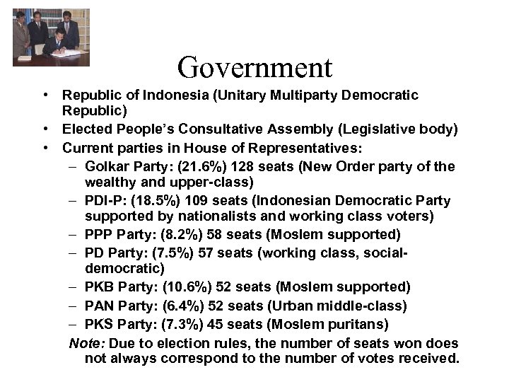 Government • Republic of Indonesia (Unitary Multiparty Democratic Republic) • Elected People’s Consultative Assembly