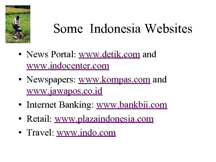 Some Indonesia Websites • News Portal: www. detik. com and www. indocenter. com •