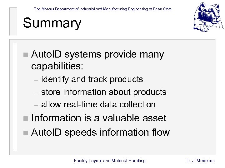 The Marcus Department of Industrial and Manufacturing Engineering at Penn State Summary n Auto.