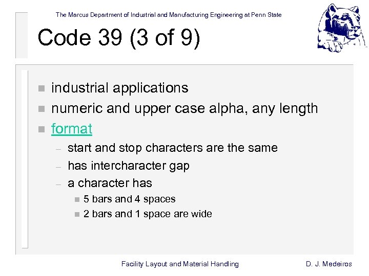 The Marcus Department of Industrial and Manufacturing Engineering at Penn State Code 39 (3