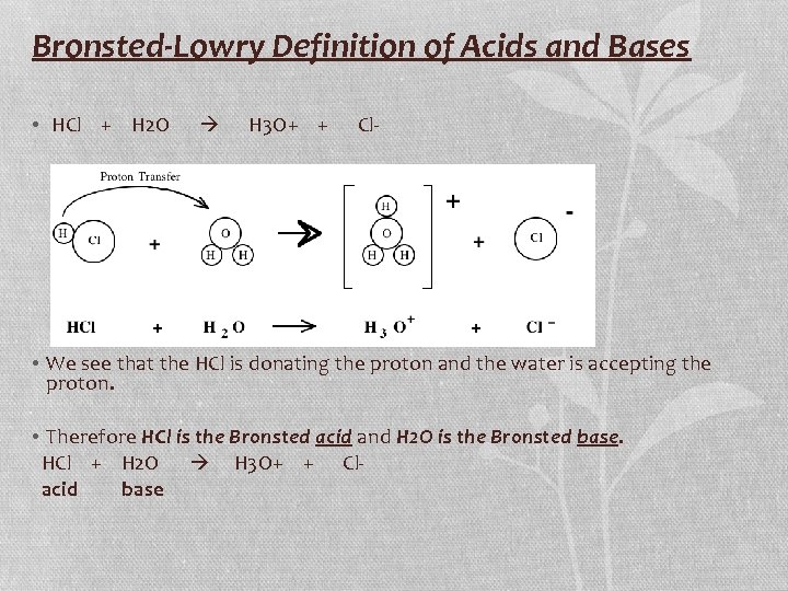 Bronsted-Lowry Definition of Acids and Bases • HCl + H 2 O H 3