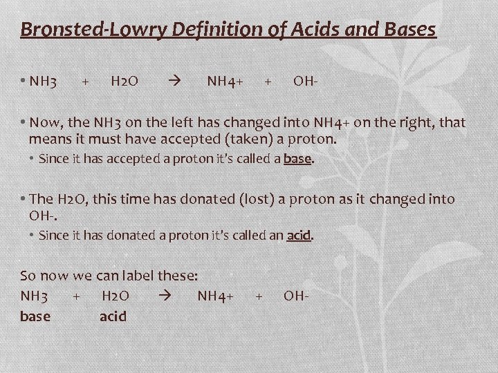 Bronsted-Lowry Definition of Acids and Bases • NH 3 + H 2 O NH