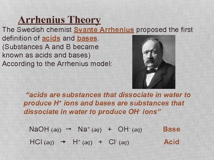 Arrhenius Theory The Swedish chemist Svante Arrhenius proposed the first definition of acids and