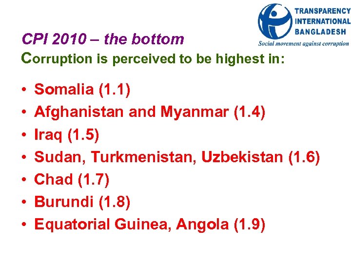 CPI 2010 – the bottom Corruption is perceived to be highest in: • •