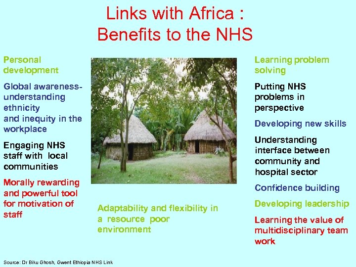 Links with Africa : Benefits to the NHS Personal development Learning problem solving Global