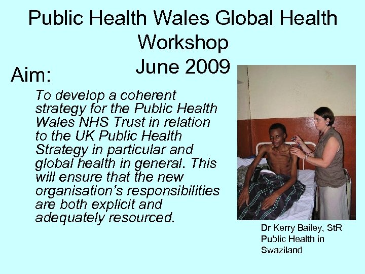 Public Health Wales Global Health Workshop June 2009 Aim: To develop a coherent strategy