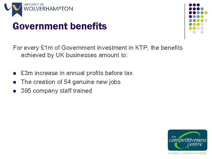 Government benefits For every £ 1 m of Government investment in KTP, the benefits