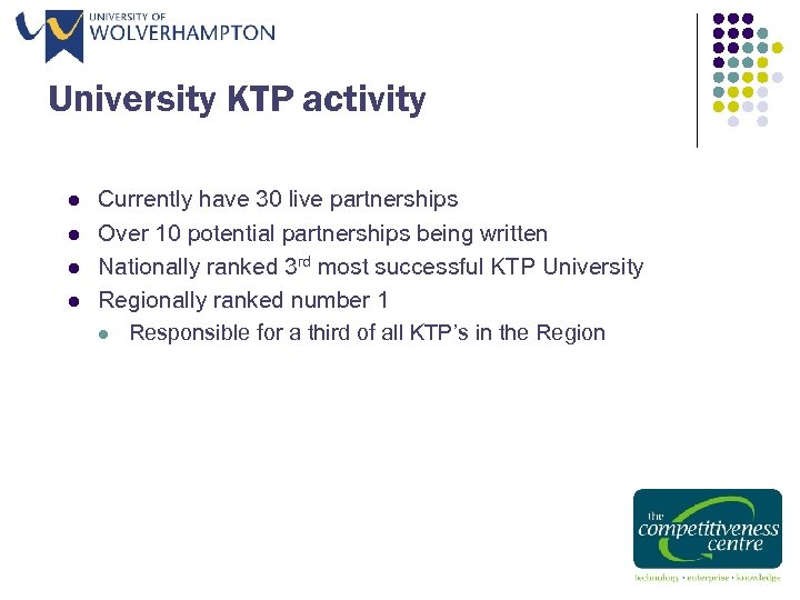 University KTP activity l l Currently have 30 live partnerships Over 10 potential partnerships