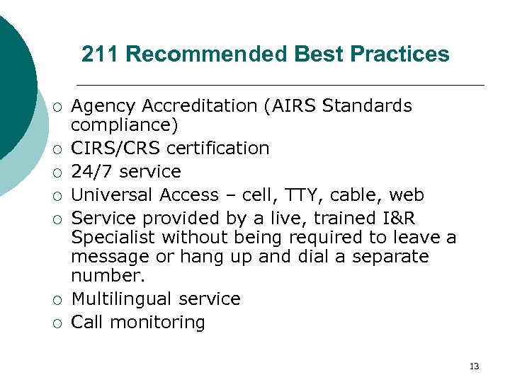 211 Recommended Best Practices ¡ ¡ ¡ ¡ Agency Accreditation (AIRS Standards compliance) CIRS/CRS