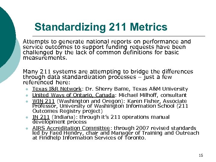 Standardizing 211 Metrics Attempts to generate national reports on performance and service outcomes to