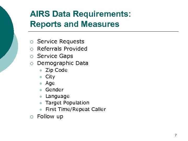 AIRS Data Requirements: Reports and Measures ¡ ¡ Service Requests Referrals Provided Service Gaps