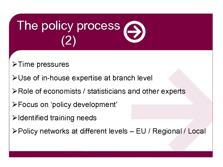 The policy process (2) ØTime pressures ØUse of in-house expertise at branch level ØRole