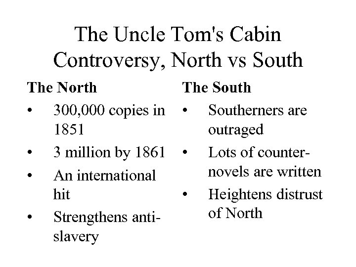 The Uncle Tom's Cabin Controversy, North vs South The North • 300, 000 copies