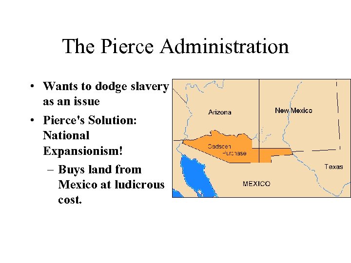 The Pierce Administration • Wants to dodge slavery as an issue • Pierce's Solution: