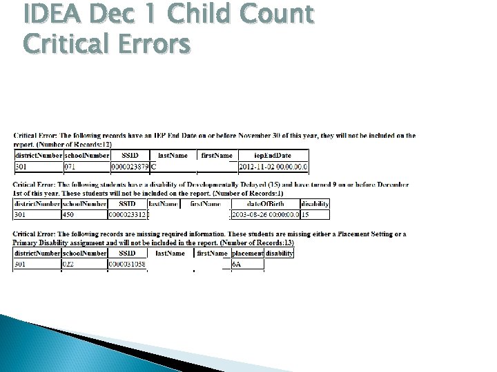 IDEA Dec 1 Child Count Critical Errors 