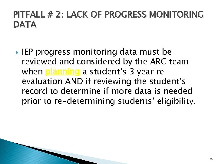 PITFALL # 2: LACK OF PROGRESS MONITORING DATA IEP progress monitoring data must be