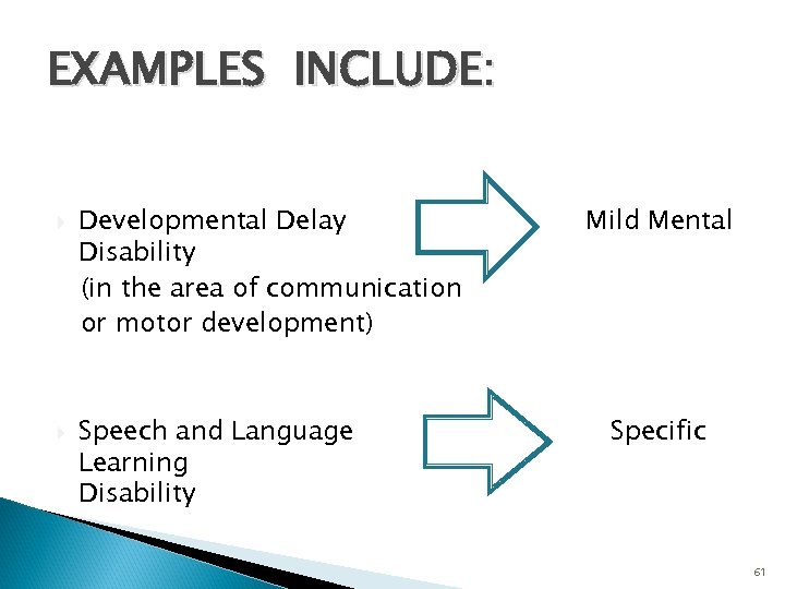 EXAMPLES INCLUDE: Developmental Delay Disability (in the area of communication or motor development) Speech