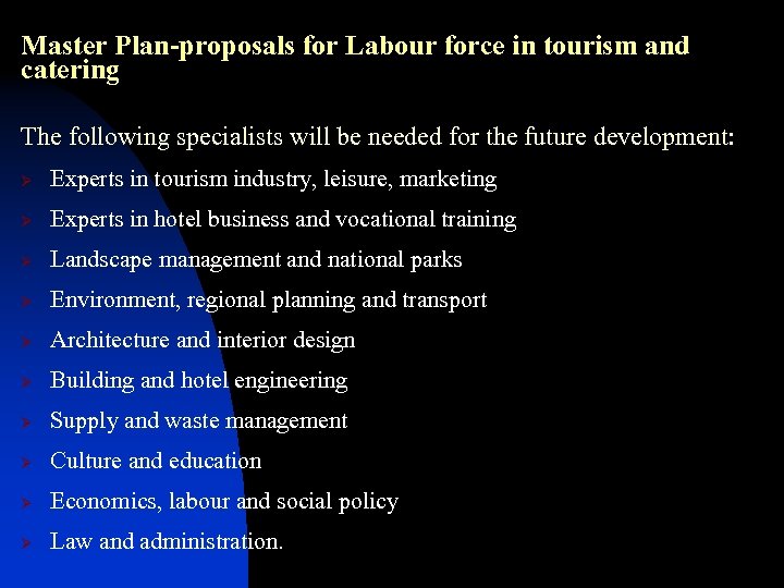 Master Plan-proposals for Labour force in tourism and catering The following specialists will be