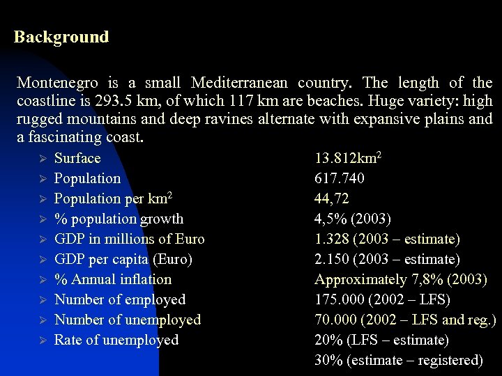 Background Montenegro is a small Mediterranean country. The length of the coastline is 293.