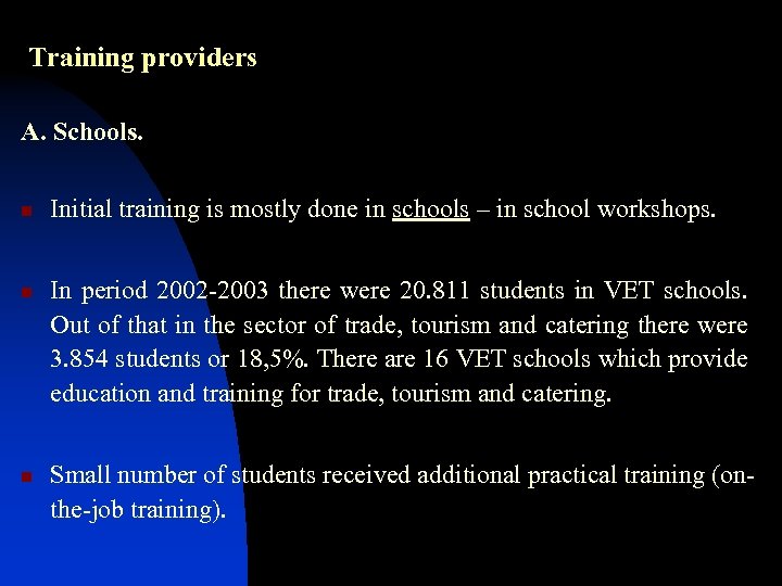  Training providers A. Schools. n n n Initial training is mostly done in