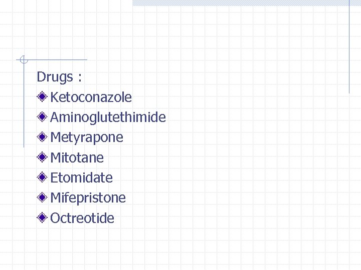 Drugs : Ketoconazole Aminoglutethimide Metyrapone Mitotane Etomidate Mifepristone Octreotide 