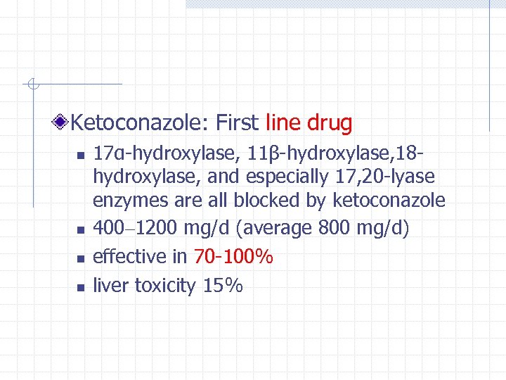 Ketoconazole: First line drug n n 17α-hydroxylase, 11β-hydroxylase, 18 hydroxylase, and especially 17, 20