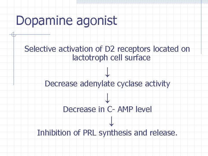 Dopamine agonist Selective activation of D 2 receptors located on lactotroph cell surface ↓